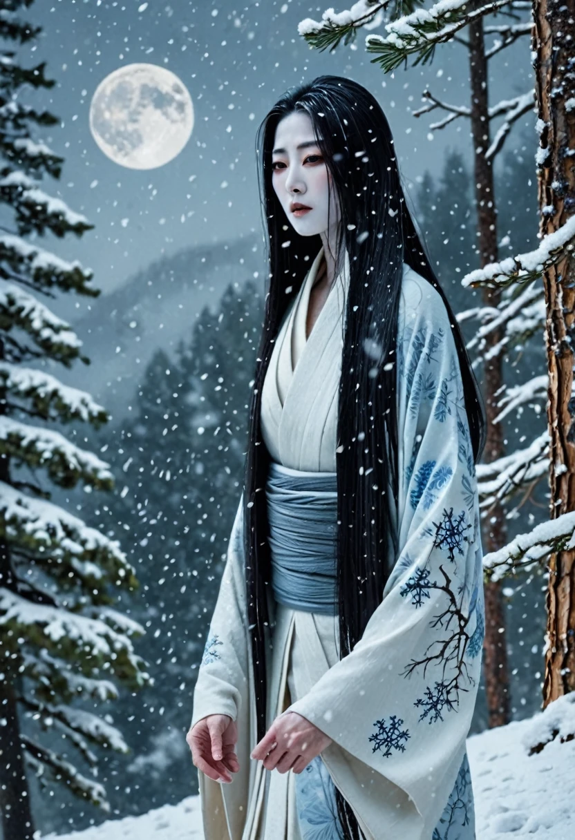 Depict a traditional Japanese yokai, the Yuki Onna (snow woman), in a snowy mountainous landscape. The Yuki Onna has long, flowing black hair, pale blue skin, and is dressed in a white kimono. Her expression is serene yet mysterious, with an ethereal and ghostly aura. Snowflakes gently fall around her, and her breath can be seen in the cold air. The background features snow-covered pine trees and a full moon casting a soft, cold light over the scene. The overall atmosphere should be hauntingly beautiful and mystical.