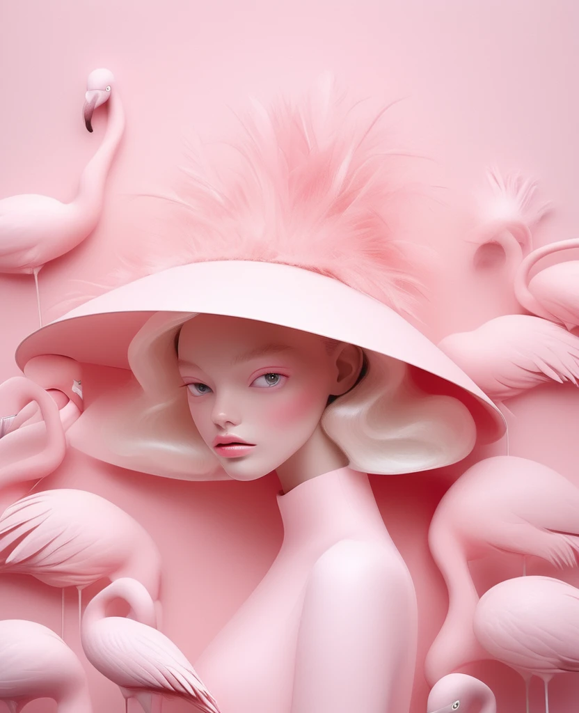 A blonde girl wearing a white hat made of flamingo feathers,The background is pink,With pink hue, Hugh Kretschmer (hugh kretschmer) and Nicoletta Sekoli (Nicoletta Ceccoli) Detailed illustrations of the style,Features magical realism style and soft pink color, Pale pink color scheme,Symmetrical composition and minimalist design,Similar to fashion magazine covers or editorial photography.
