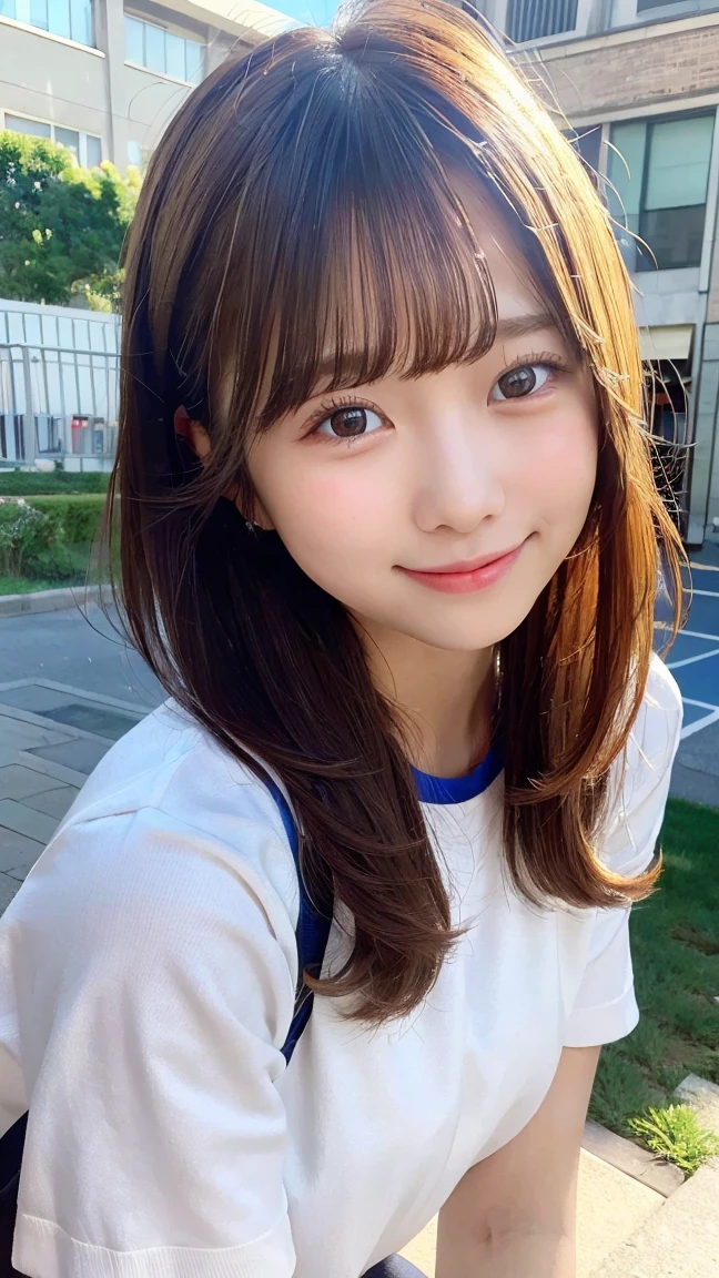 masterpiece, best quality, 1girl, , chatting with friends in schoolyard, happy expression, sunny day, natural light, detailed background