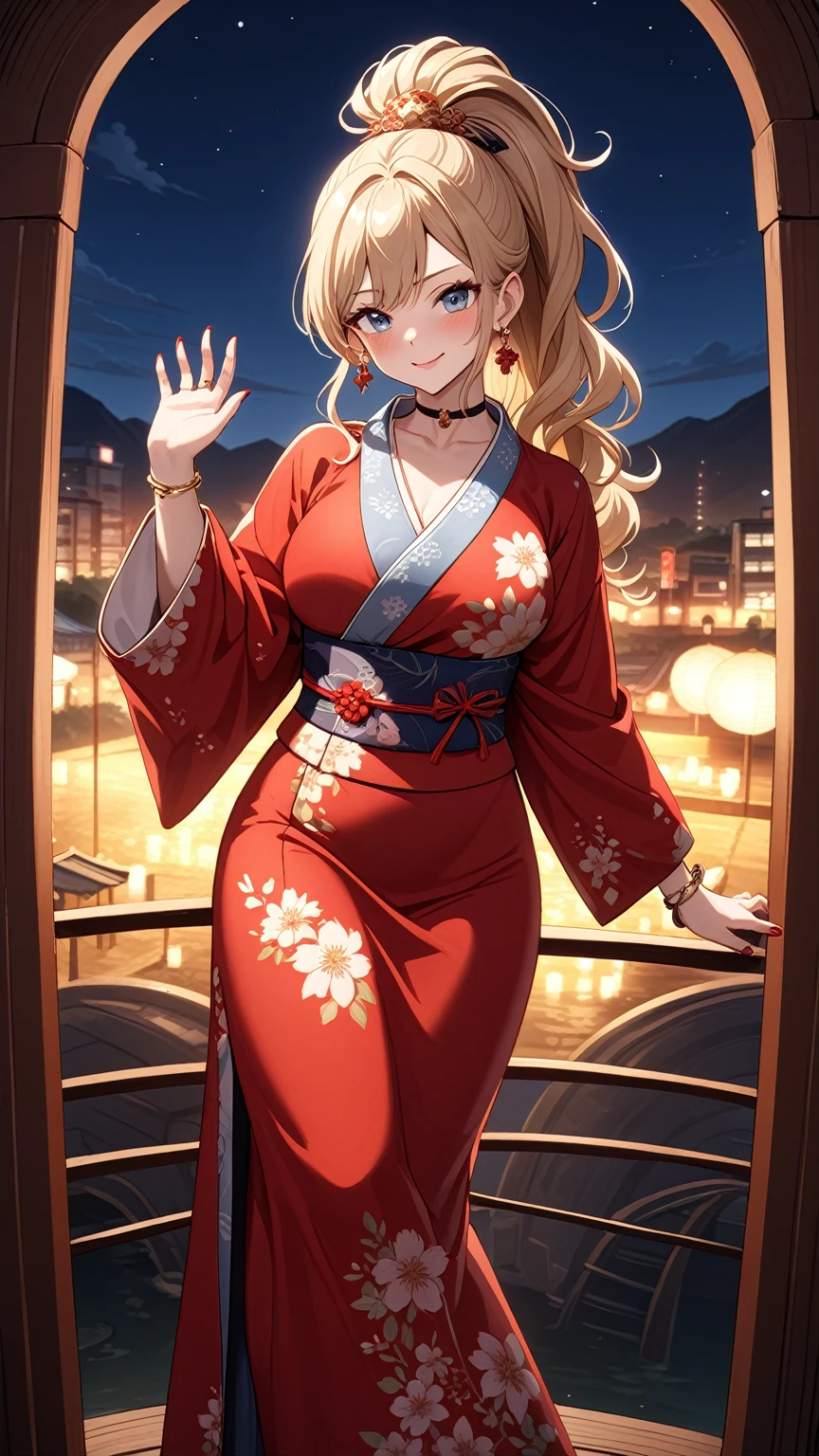 ((One personの女性)), Beautiful Face, White skin, (seductive smile:1.4), (naughty face:1.2), (Striking a sexy pose),  ((Wink:1.9)), ((head tilt:1.6)), Laughing with your mouth open, upper teeth, ((full-face blush:1.5)), looking at viewer, Glossy Red Lips, (Shining Face), ((anime colored)), ((Anime style background)) , night, Observatory, Festival decorations, firework, ,masterpiece, Highest quality, so beautiful,up to date, Complex details, (Pink long nails),(ring),(bracelet),(choker),AI-generated, Complex,High resolution, Highest quality, super high quality,3D Images、3D Images, (full body:1.3), One person,Long blonde hair,ponytail, wavy hair ,写真のポーズをとるAnime Women, ((Fine grain、Eyes with little blue pigment、Shining Eyes:1.1)), (Squint your eyes:1.1),a hyperRealistic , hyperRealistic , Realistic,Anime Women, Smooth anime CG art, ((A woman in a gorgeous kimono embroidered with gold)), ((Red long sleeve kimono:1.3)),((white floral pattern:1.3)), Long flower hair ornament,Earrings,Mature Body,(Big Breasts:1.1),Tall,Abdominal muscles,Tight waist,(full body:1.3), ((front view)),