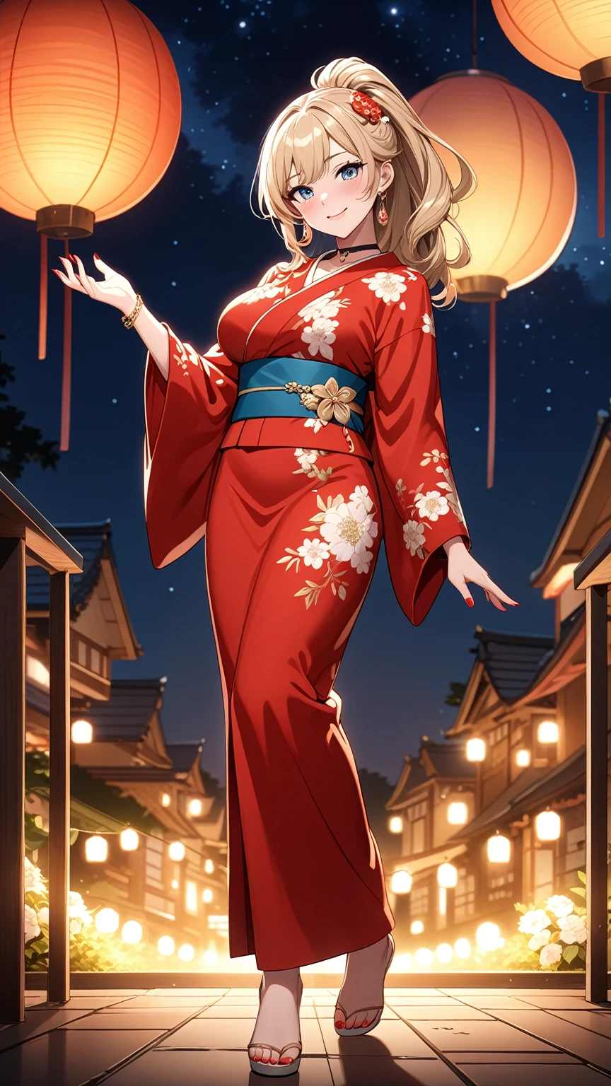 ((One personの女性)), Beautiful Face, White skin, (seductive smile:1.4), (naughty face:1.2), (Striking a sexy pose), ((Wink:1.9)), ((head tilt:1.6)), Laughing with your mouth open, upper teeth, ((full-face blush:1.5)), looking at viewer, Glossy Red Lips, (Shining Face), ((anime colored)), ((Anime style background)) , night, Observatory, Festival decorations, firework, ,masterpiece, Highest quality, so beautiful,up to date, Complex details, (Pink long nails),(ring),(bracelet),(choker),AI-generated, Complex,High resolution, Highest quality, super high quality,3D Images、3D Images, (full body:1.3), One person,Long blonde hair,ponytail, wavy hair ,写真のポーズをとるAnime Women, ((Fine grain、Eyes with little blue pigment、Shining Eyes:1.1)), (Squint your eyes:1.1),a hyperRealistic , hyperRealistic , Realistic,Anime Women, Smooth anime CG art, ((A woman in a gorgeous kimono embroidered with gold)), ((Red long sleeve kimono:1.3)),((white floral pattern:1.3)), Long flower hair ornament,Earrings,Mature Body,(Big Breasts:1.1),Tall,Abdominal muscles,Tight waist,(full body:1.3), ((front view)),