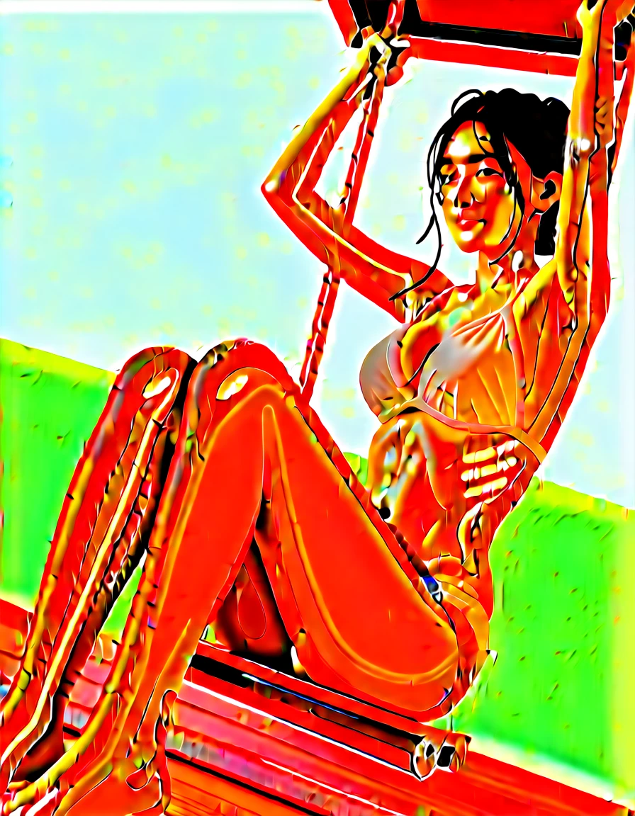 score_9,score_8_up,score_7_up,8k, breasts, Perched on a swing that hangs over the turquoise ocean, a beautiful Japanese woman swings gently, her feet skimming the water’s surface. She’s dressed in a lightweight, white bikini, embodying the essence of tropical elegance. Her hair flutters in the breeze, and she looks out towards the horizon with a look of contemplation and joy. The camera angle is side-on, emphasizing her connection with the ocean and the infinite horizon beyond