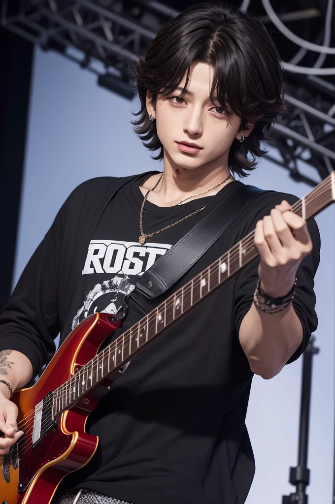 jungkook cabelo preto, de blusa de rock, 