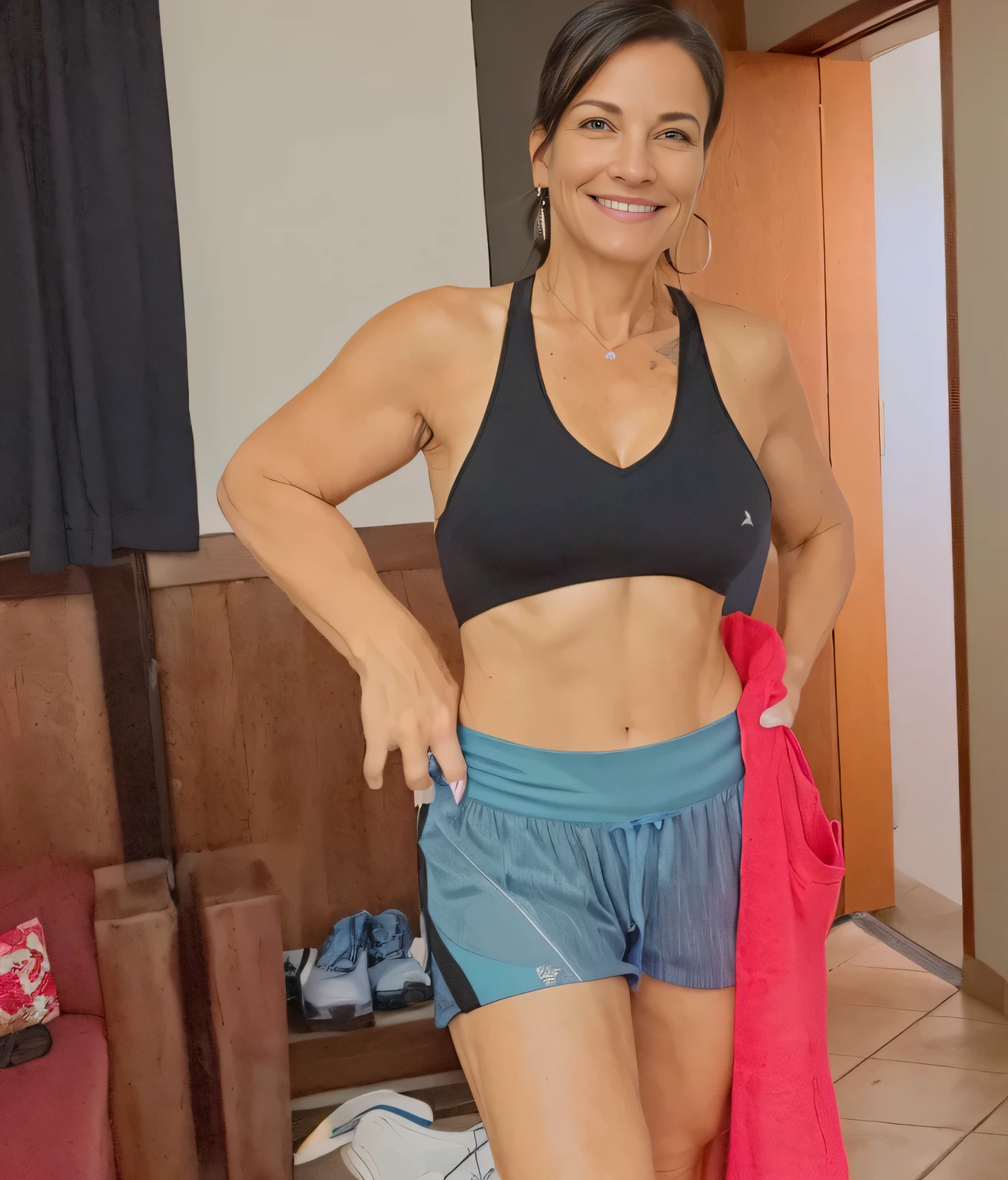 woman in a black sports bra top and blue shorts, sport bra and dark blue shorts, sport bra and shorts, she is about 45 years old, she is about 45 years old, she is about 45 years old, fit pic, bra and shorts streetwear, she is about 45 years old, she is about 45 years old, wearing fitness gear