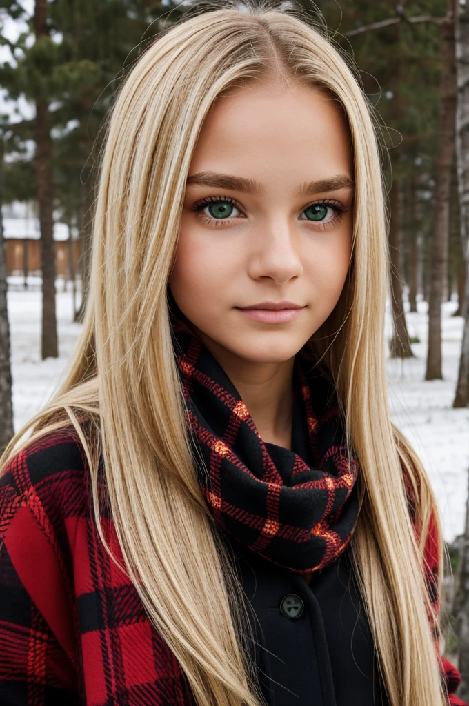 bianca, a 14 year old with long straight blonde hair. She has a small fringe on the sides, but not on the forehead. bianca tem um acessório de folha dourada no lado direito do cabelo. His eyes are big and green, with a curious and kind expression. Your face is pale with delicate features, including a small nose and thin lips. She is wearing a red plaid scarf and a green coat with a faux fur lining at the collar.. under, appears to be wearing a black blouse. The background must be snow.