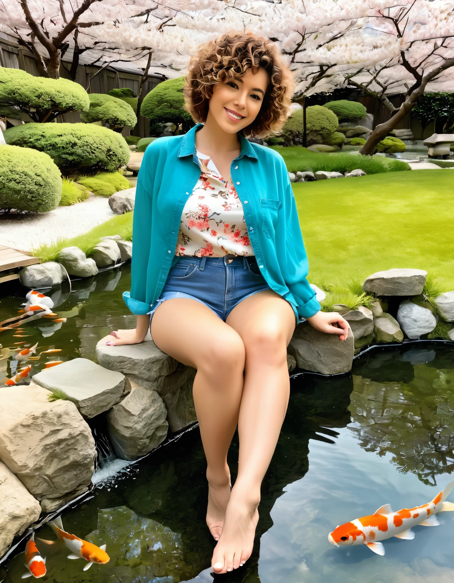 A woman with short curly hair, wearing a teal top and denim shorts, sitting in a tranquil Japanese garden with cherry blossoms and a koi pond.