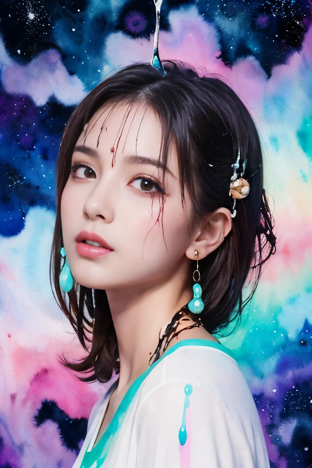 ((masterpiece:1.4, Highest quality)), (Photorealism), (watercolor background), ((1 Girl)), (Bright design), (Picture background), (Space and galaxy pastel colors), (Ink drip background:1.5), (looking at viewer)