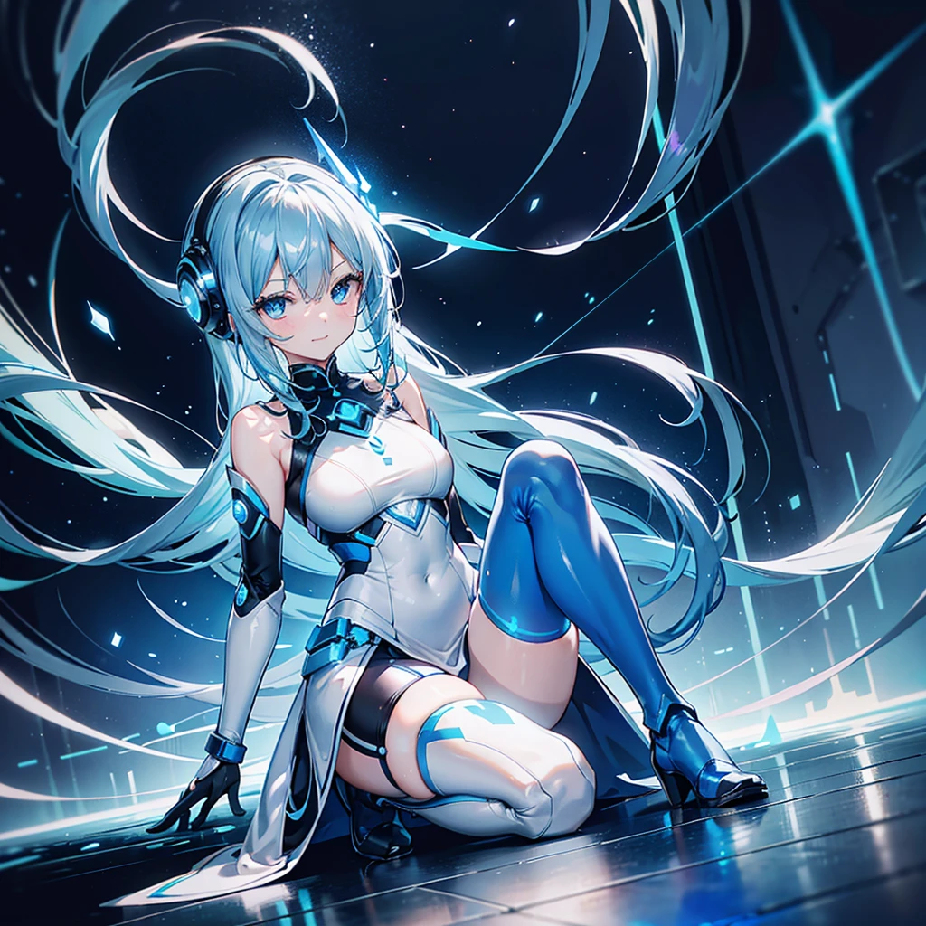 8K, Highest quality, (real:1.4), Original photo, 1 girl, Asari Hair, Biological Amplifier, Very sleek and futuristic armor, posture: Peace talks between warring factions,,attention arousal, smart blue eyes,A modest smile,Knee-high boots,Patent-look blue tights,Blue big moon and blue light swirl in the background,Blue light from behind,blue light magic,A small, glowing blue ball in the palm of your hand,Blue flame swirl,Blue Comet,Polished floor,