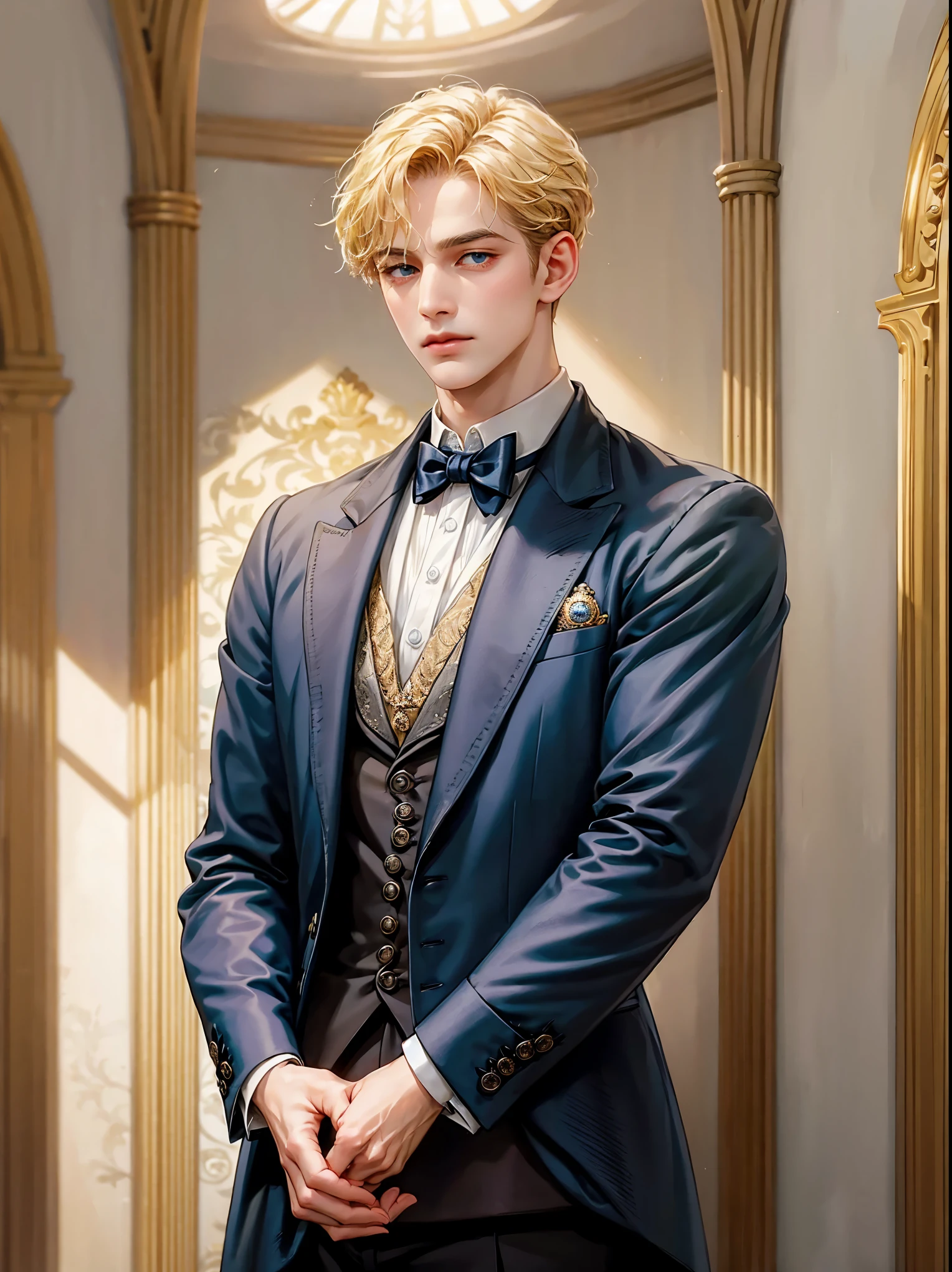 He wears a Victorian-era man's suit. He has his hands in his pockets. Background inside of a hall