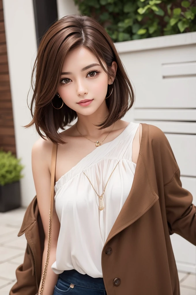 Play fun with shoulder-length brown hair with stylish outfits
