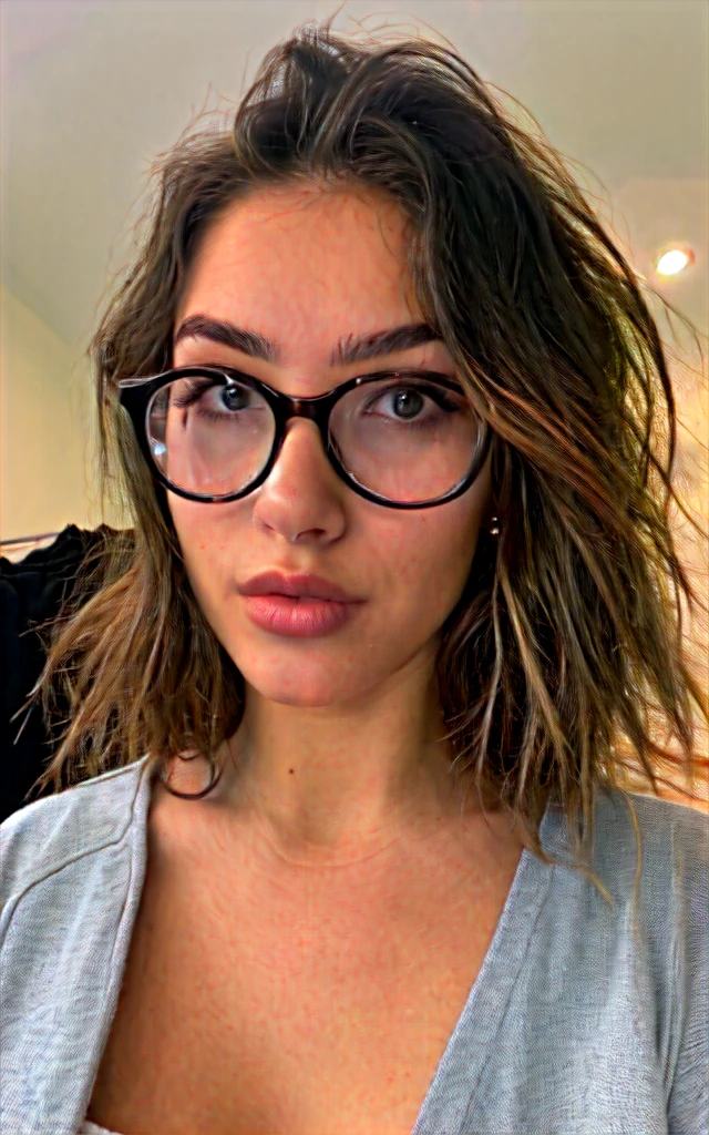 a beautiful 23-year-old woman, light brunette, close-up, girl next door, baggy clothes, makeup, lips, glasses, night, messy hair,