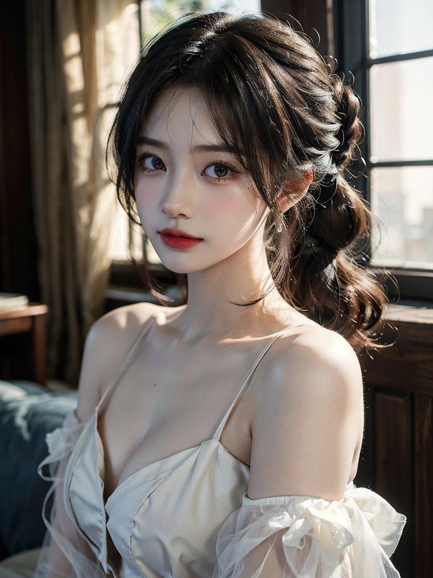 1girl, (looking at viewer:1.2), detail face, (a girl standing, rending on cgsociety, black shadows, streaming, new york backdrop), romanticism, atmospheric, (RAW photo, best quality), (realistic, photo-realistic:1.3), masterpiece, an extremely delicate and beautiful, extremely detailed,Hair in a bun,Wear delicate earrings, D cup,Cleavage,Semi-transparent deep V silk dress1.5,Exquisite eye details,Charming smile 1.5,