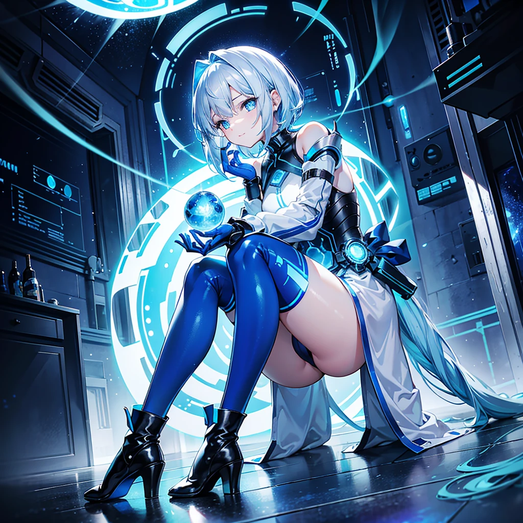 8K, Highest quality, (real:1.4), Original photo, 1 girl, Asari Hair, Biological Amplifier, Very sleek and futuristic armor, posture: Peace talks between warring factions,,attention arousal, smart blue eyes,A modest smile,Knee-high boots,Patent-look blue tights,Blue big moon and blue light swirl in the background,Blue light from behind,blue light magic,A small, glowing blue ball in the palm of your hand,Blue flame swirl,Blue Comet,Polished floor,