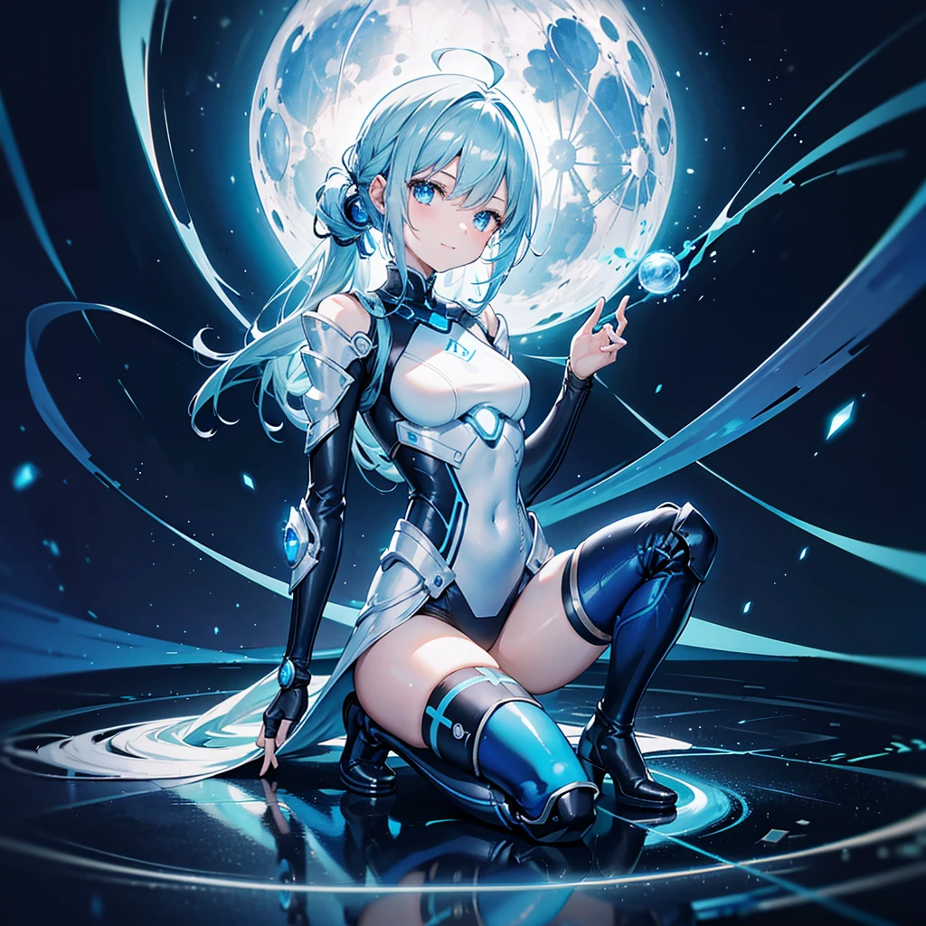 8K, Highest quality, (real:1.4), Original photo, 1 girl, Asari Hair, Biological Amplifier, Very sleek and futuristic armor, posture: Peace talks between warring factions,,attention arousal, smart blue eyes,A modest smile,Knee-high boots,Patent-look blue tights,Blue big moon and blue light swirl in the background,Blue light from behind,blue light magic,A small, glowing blue ball in the palm of your hand,Blue flame swirl,Blue Comet,Polished floor,