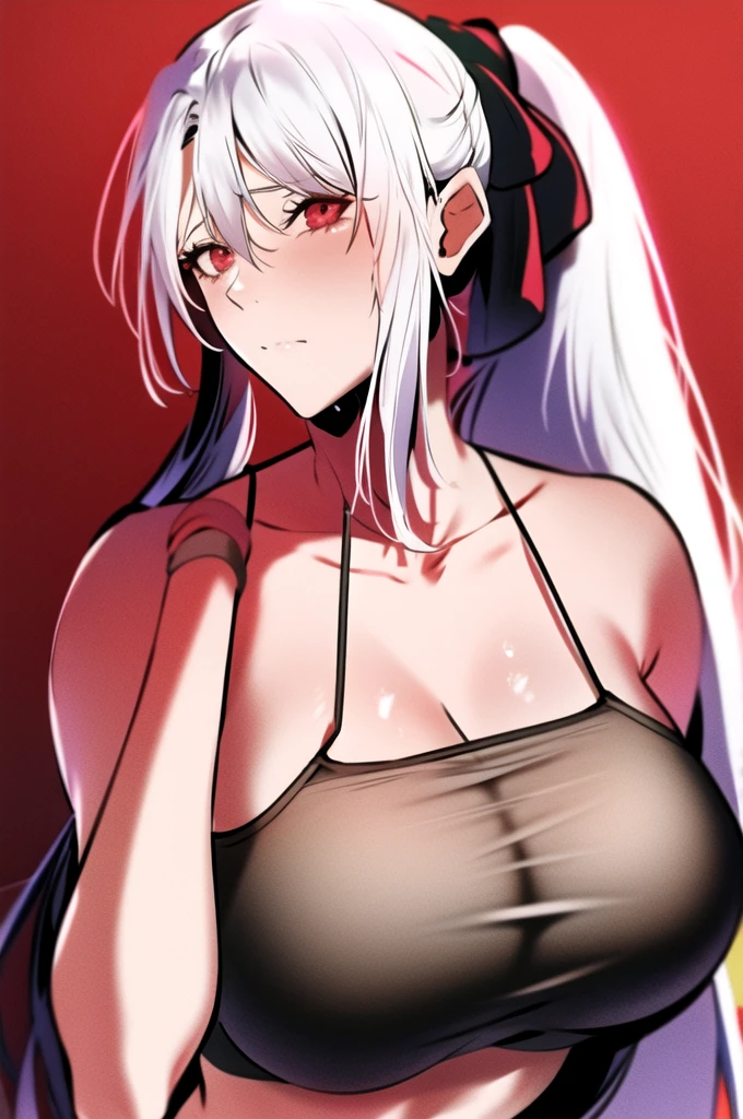 1girl, black tanktop, loose tanktop, midriff, closed mouth, ero404, necklace, hair between eyes, large breasts, long hair, looking at viewer, ponytail, red eyes, white hair, solo, very long hair, white background, (masterpiece),(best quality), armpits, sweat, netorare, clevage, breast mole
