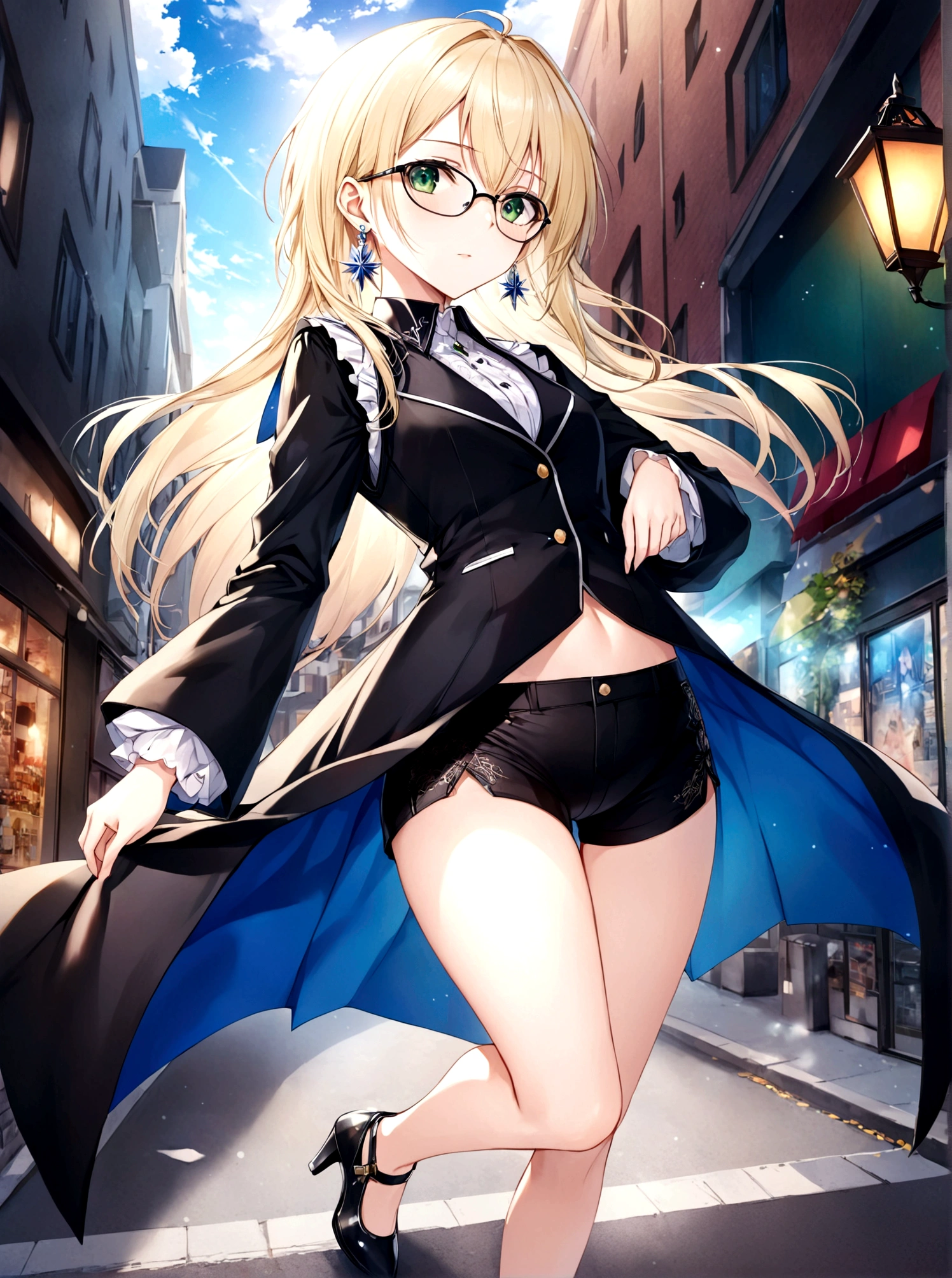 artoria pendragon, Type-Moon, fate/ stay night,floating，comiccore，filigree quasar，super realistic，super detailed wallpaper，8K，Aho，Green eyes，Royal sister，Long blond hair，Wearing silver glasses，Black vest，Delicate and small earrings，Black coat，Exposing belly，Wearing black silk，Long legs，Black shorts，Black high heels，On the Street，Dynamic Angle，Dynamic poses，Best picture quality，Original，high quality， --ar 9:16 --q 5 --niji 5