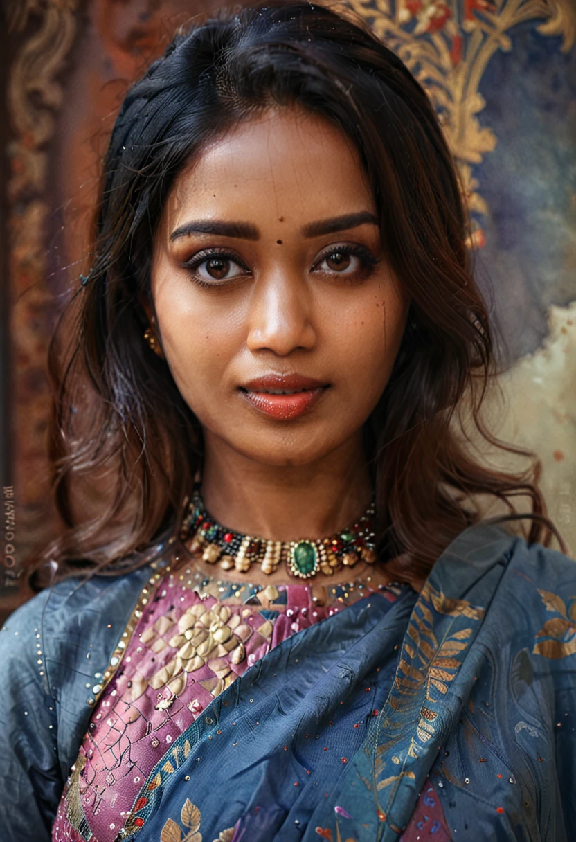 NivethaPethuraj, [ (art by Oleg Oprisco:1.3) |art by Florian Nicolle], portrait,close up of a Selfish Female, Historian, masterpiece, shallow depth of field, Low Contrast, ultra high res,  