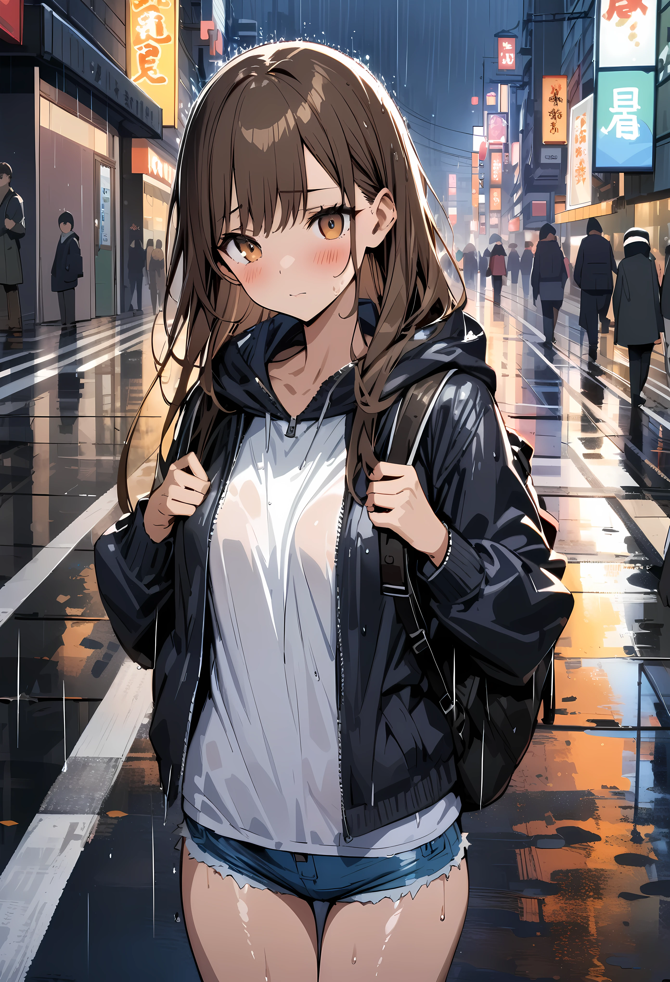 ((masterpiece,Highest quality;1.3,best illustration)),cowboy shot,1woman、25 year old beauty、solo,((very small head:1.5)),dark brown hair,long hair,bangs,brown eyes,gorgeous eyes,blush,small breasts,((very long body:1.3)),((toned body,slender body,skinny)),gleaming skin,shiny skin,oily skin,(Soaked in the rain、Black zip-up hoodie outer jacket、White tight T-shirt、denim micro shorts)、Carrying a black backpack、heavy rain、rain、on street,Tokyo,