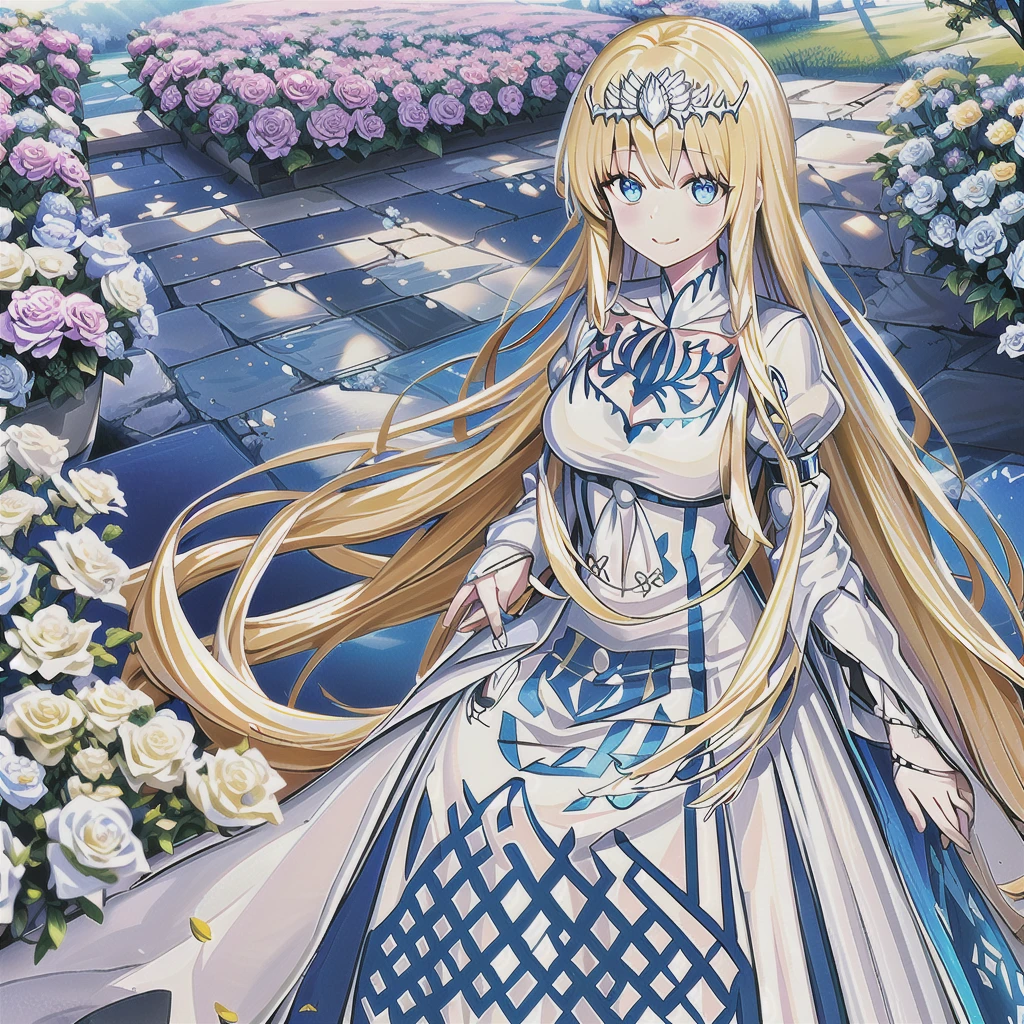 A masterpice、best quality、illutst、Extremely high quality、high picture quality、, in beautiful flowery garden、A slight smile、She has a large bouquet、、Hair fluttering in the wind, 1girl, solo, Calca, Calca Bessarez, blonde hair, (extremely long hair:1.5), very long hair, white tiara, silver tiara, white dress, blue eyes, medium chest,