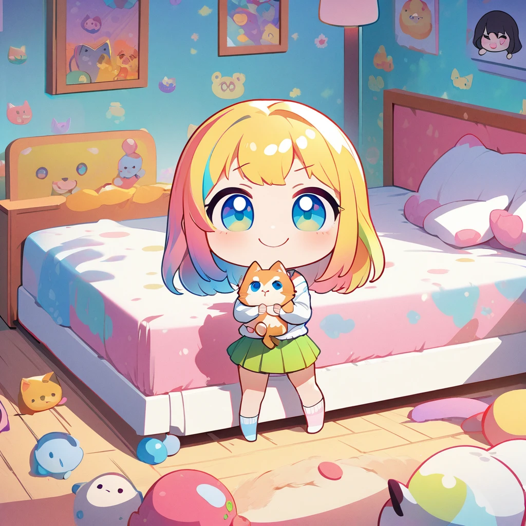 masterpiece、Highest quality、Depth of subject、((2D illustration))、1 beautiful girl、((colorful))、(((chibi style)))、Long, beautiful hair、Bright golden hair、ribbon、cute、Beautifully detailed eyes、Tank top、((mini skirt))、(((vivid color))、socks、((in the room))、((bed))、stuffed toy、((full body shot))、((Very happy face))、((Holding a kitten))、((There's a lot of pink around))、((Lens flare))、White light is shining、Sunbeam、My whole body was filled with light、Cinematic lighting、Full body lighting