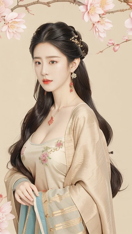 highly detailed, 8K, masterpiece, full-body shot，Facing the camera，1 girl, Black hair, nude, Smile, (perfect_Face), boundary, close up, crazy,, Gorgeous, complicated, Dramatic Lighting, 4K, detailed, Caustic lines, Half Body,  Huge breasts 1.5，Deep cleavage，Transparent woven Hanfu，Exquisite ancient hair accessories、Necklace and Earrings，Standing under the peach tree in full bloom，Flowers all around。