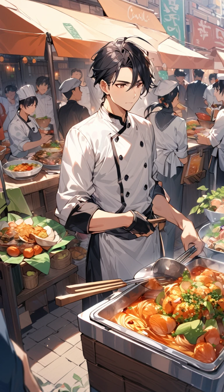 "A handsome young man with black hair, dressed in a professional chef's outfit, is standing at a bustling street food stall. He is focused and skillfully preparing a delicious dish, with various cooking utensils and ingredients around him. The background features a vibrant market scene with other food stalls, colorful signs, and a crowd of people eagerly waiting for their food, emphasizing his dedication and expertise in the culinary arts."