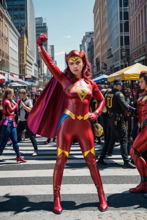 Medium Shot, energetic, (Scarlett Emerson in a vibrant superheroine outfit, ready-to-fight pose), midday lighting, (standing in a bustling city square, people moving), (50mm lens, Sony A7III, vivid details, professional, action photography, trending on Flickr), by Annie Leibovitz and Helmut Newton and Cindy Sherman