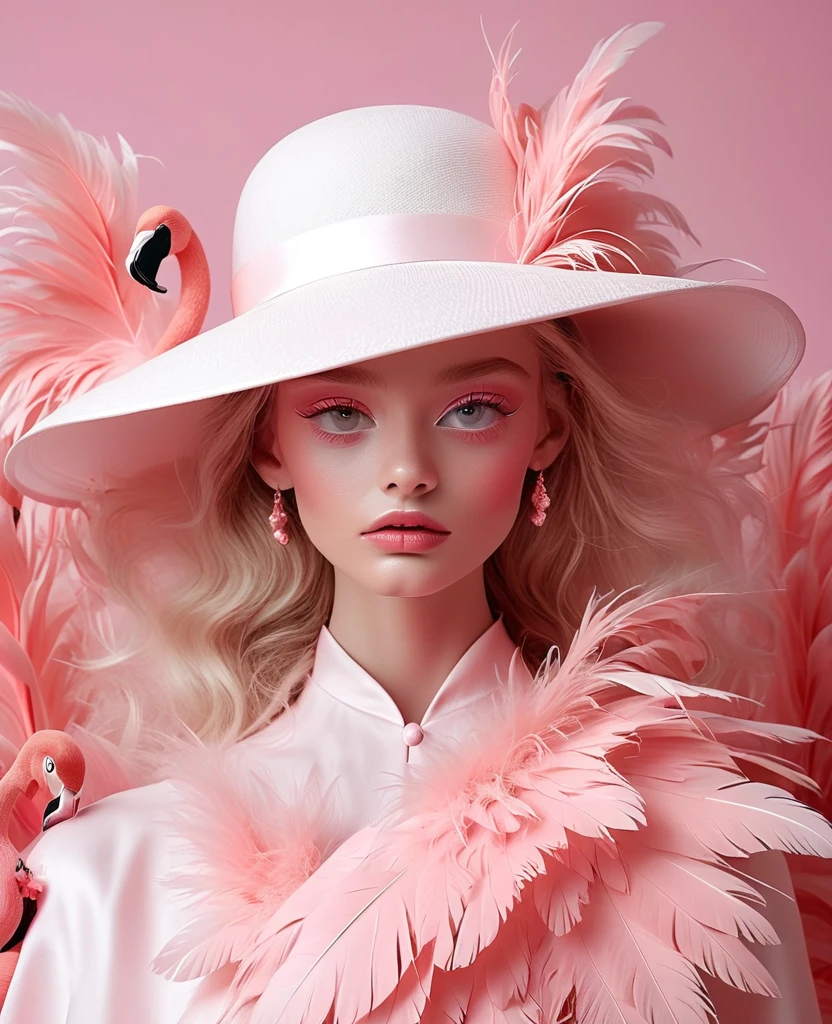 A blonde girl wearing a white hat made of flamingo feathers，The background is pink，With pink hue, Hugh Kretschmer (hugh kretschmer) and Nicoletta Sekoli (Nicoletta Ceccoli) Detailed illustrations of the style，Features magical realism style and soft pink color, Pale pink color scheme，Symmetrical composition and minimalist design，Similar to fashion magazine covers or editorial photography.