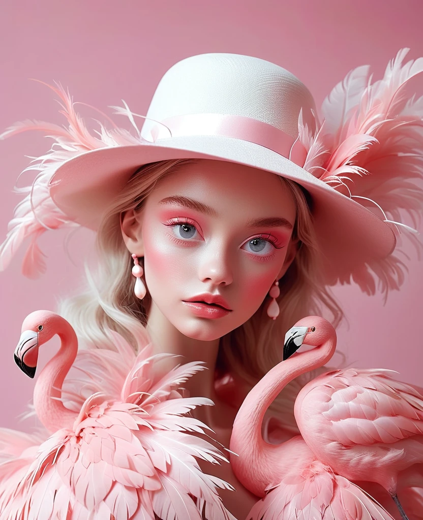 A blonde girl wearing a white hat made of flamingo feathers,The background is pink,With pink hue, Hugh Kretschmer (hugh kretschmer) and Nicoletta Sekoli (Nicoletta Ceccoli) Detailed illustrations of the style,Features magical realism style and soft pink color, Pale pink color scheme,Symmetrical composition and minimalist design,Similar to fashion magazine covers or editorial photography.