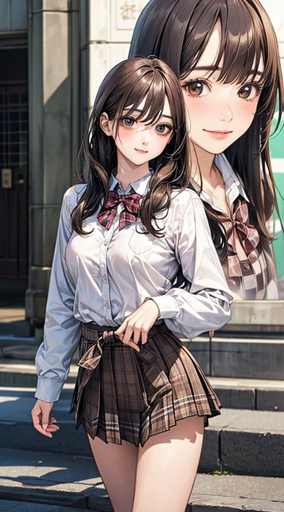 (masterpiece:1.2, Highest quality), (Realistic, photoRealistic:1.4), Beautiful illustrations, 
View your viewers, Cowboy Shot, Front view:0.8, 
1 Girl, Japanese, high School girl, (Long Hair:1.5), Let your hair flutter, bangs, Hair between the eyes, Brown eyes, Large Breasts:0.8, 
Beautiful Hair, Beautiful Face, Beautiful attention to detail, Beautiful clavicle, Beautiful body, Beautiful breasts, Beautiful thighs, Beautiful feet, Beautiful fingers, 
(Beautiful views), , School,
((Collared shirt, White shirt, , Navy long sleeve jacket:1.4, Light brown checkered pleated skirt, Red plaid bow tie)), White panties, 

Are standing, walking, 
smile, ,
