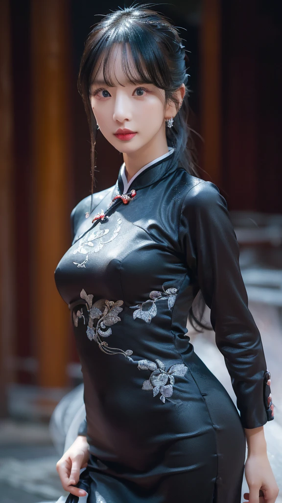 sexy cheongsam, SMALL BREAST, sexy pose, model pose, earring, shanghai street night, moonlight, windy, hair flying, night, extremely detailed eyes, extremely detailed face, best quality, extremely detailed, one person, one girl, ultra-detailed, (realistic, photo-realistic:1.3)