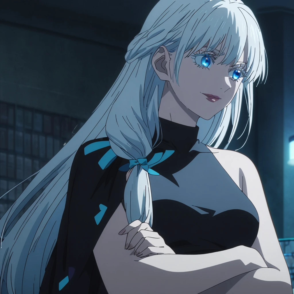 1girl, female gojo satoru, anime screencap from jujutsu kaisen, gojo satoru female version, solo, long_hair, blue eyes, ((white eyelashes)), ((white_hair)), night view, breasts, upper_body, smile, indoors, book, bangs, blue_eyes, lips, (wearing round sunglasses) , ((her hairstyle : The character in the image has long straight white hair, hair on her shoulder )) wearing black color party dress, bare shoulder, breast, "very detailed and high resolution" (blue eyes) ((cross arms)) ((long hair)) ((solo)) ((high resolution)) ((upper body)) (Good quality)