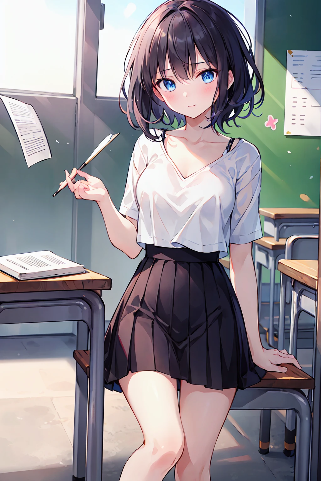 1 Girl, Medium length black hair, blue eyes, , White top, Black Skirt, classroom, High resolution, Ultra Sharp, 8K, masterpiece, Looking at the audience，Depth of written border, Delicate eyes, 完全なhand, 余分なhandfeetなし，Small breasts，Underwear is visible，refer５Book，hand２Book，feet２Book，arm２Book，Thighs２Book，feet首２two，Distinctive nose bridge，Natural posture