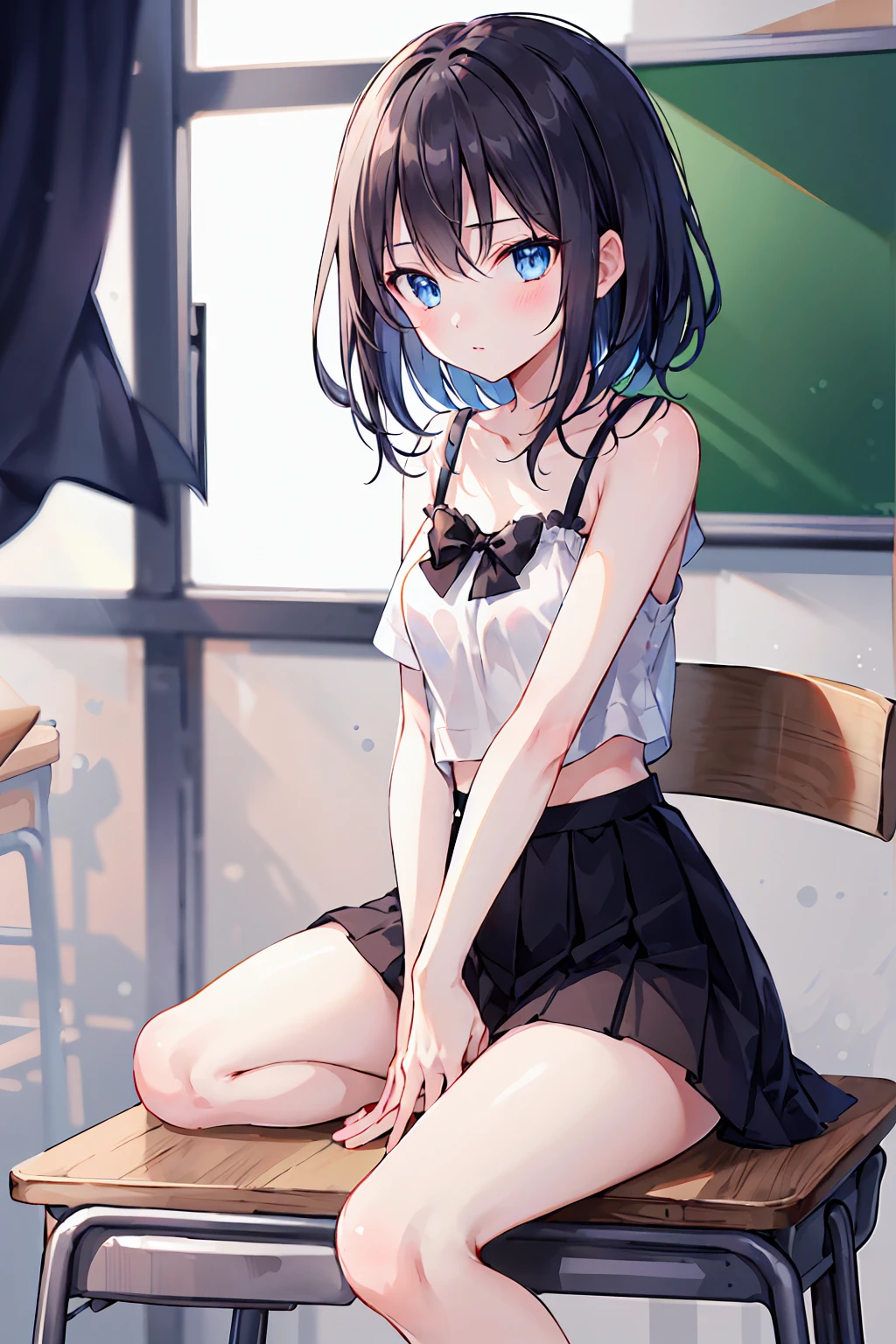 1 Girl, Medium length black hair, blue eyes, , White top, Black Skirt, classroom, High resolution, Ultra Sharp, 8K, masterpiece, Looking at the audience，Depth of written border, Delicate eyes, 完全なhand, 余分なhandfeetなし，Small breasts，Underwear is visible，refer５Book，hand２Book，feet２Book，arm２Book，Thighs２Book，feet首２two，Distinctive nose bridge，Natural posture