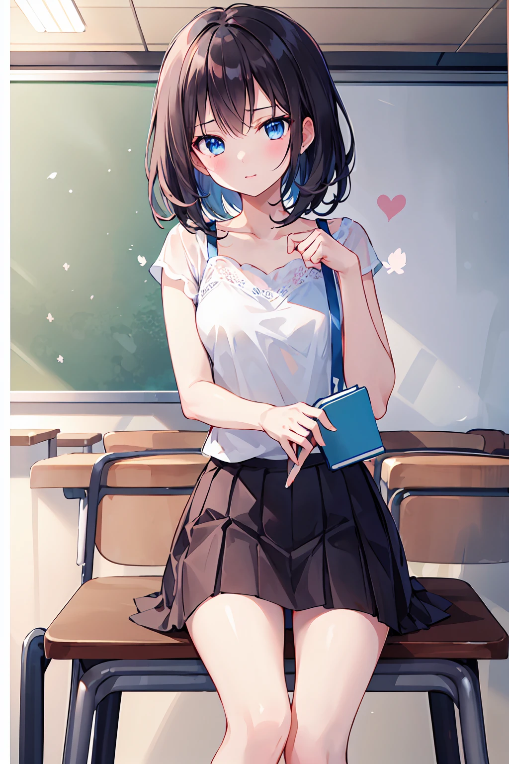 1 Girl, Medium length black hair, blue eyes, , White top, Black Skirt, classroom, High resolution, Ultra Sharp, 8K, masterpiece, Looking at the audience,Depth of written border, Delicate eyes, 完全なhand, 余分なhandfeetなし,Small breasts,Underwear is visible,refer5Book,hand2Book,feet2Book,arm2Book,Thighs2Book,feet首2two,Distinctive nose bridge,Natural posture