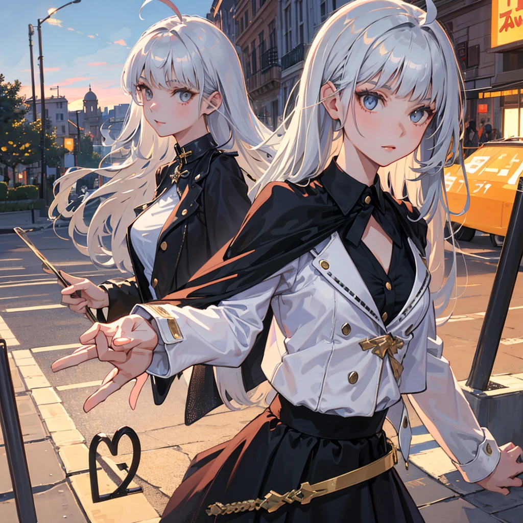 ((masterpiece, best quality)), (1girl), (solo), (female focus), (ahoge, silver gray hair, long hair, straight hair, hime hair, straight bangs, blunt bangs), girl has deep dusty_rose coloured eyes, ((leather shirt), (buttoned shirt)), ((Black skirt)),ideal quality, ideal Breasts,
Cloudy sunset street background
Street has historical 18th century Europe architecture,girl is wearing a white leather jacket ornamented with black diamond,black cape skirt
(((High detailed )))