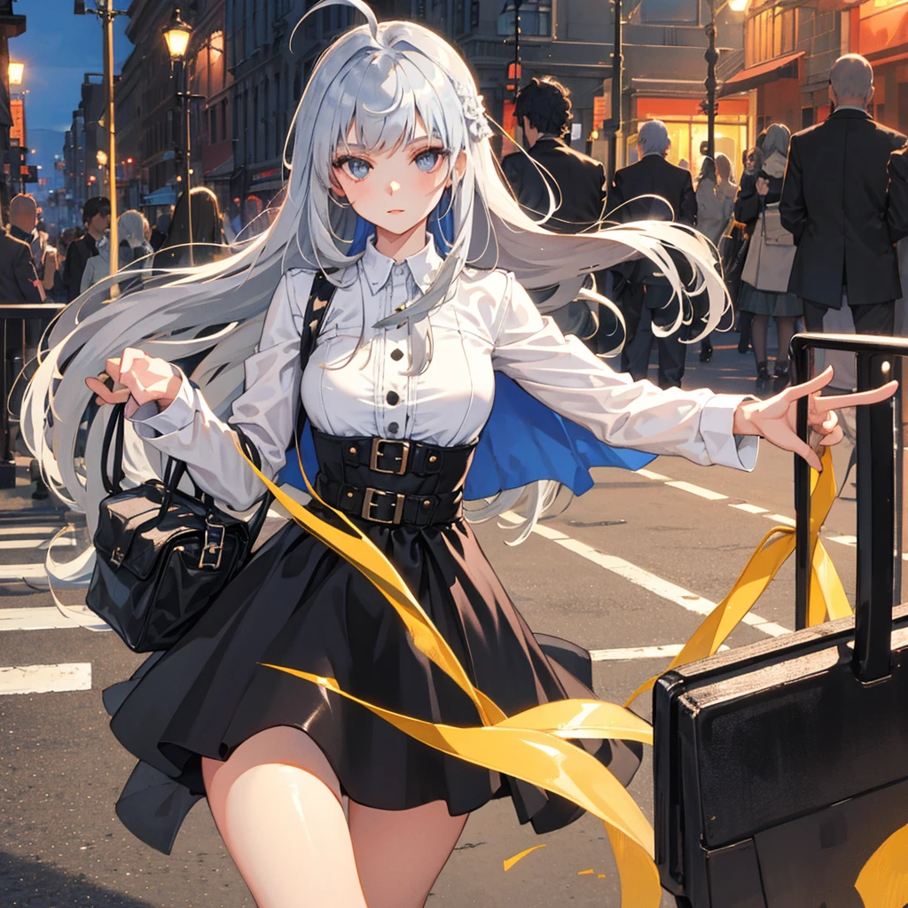 ((masterpiece, best quality)), (1girl), (solo), (female focus), (ahoge, silver gray hair, long hair, straight hair, hime hair, straight bangs, blunt bangs), girl has deep dusty_rose coloured eyes, ((leather shirt), (buttoned shirt)), ((Black skirt)),ideal quality, ideal Breasts, 
Cloudy sunset street background 
Street has historical 18th century Europe architecture，girl is wearing a white leather  jacket  ornamented with black diamond，black cape skirt
(((High detailed )))