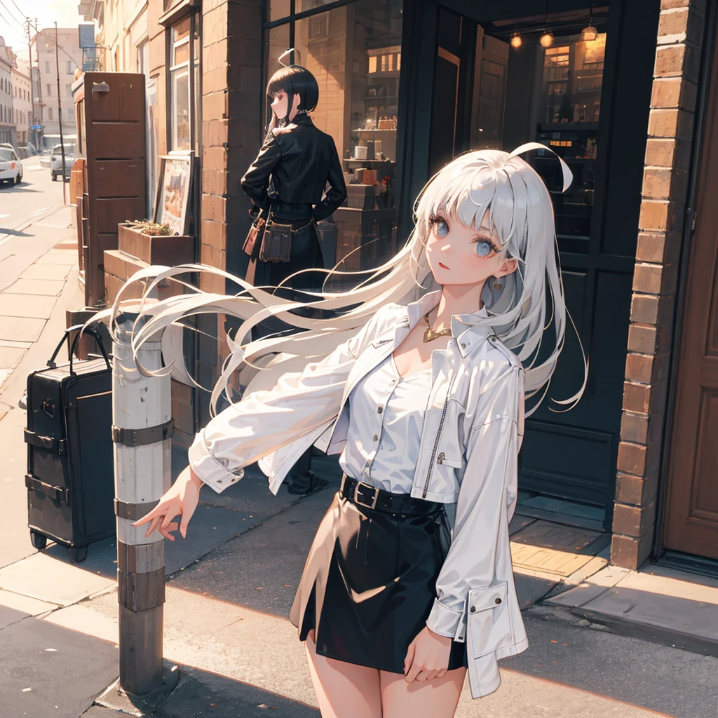 ((masterpiece, best quality)), (1girl), (solo), (female focus), (ahoge, silver gray hair, long hair, straight hair, hime hair, straight bangs, blunt bangs), girl has deep dusty_rose coloured eyes, ((leather shirt), (buttoned shirt)), ((Black skirt)),ideal quality, ideal Breasts,
Cloudy sunset street background
Street has historical 18th century Europe architecture,girl is wearing a white leather jacket ornamented with black diamond,black cape skirt
(((High detailed )))