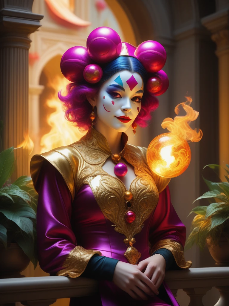 extravagant multi-colored jester relaxing lavish balcony greenery dressed garb effortlessly juggling flaming orbs , photorealistic, atmospheric, glow, focus, warm, elaborate, floral, ornate , nostalgic, timeless, romantic, dramatic, graceful, whimsical ,fantasy ,gorgeous, balanced, cinematic , luxurious, decorative, 4k, concept art, trending on artstation, hyper-detailed,illustrative, gold,magenta ,forestglow, by James Jean,glowing ,Greg Rutkowski,Johnson Tsai