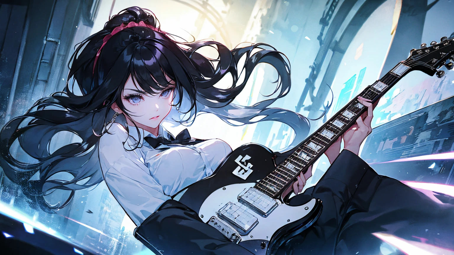 1 girl, long black hair, White eyes, wearing a business suit,playing a Les Paul guitar, High resolution, super sharp, 8k, masterpiece, looking at the viewer, confused