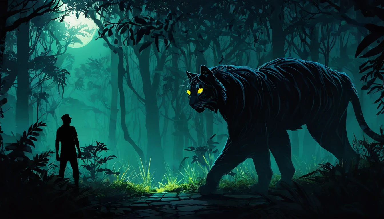 Create a digital artwork inspired by the 'Bon Manchi' urban legend. The scene should depict a dense, dark forest characteristic of Bengal, with towering trees and thick underbrush. In the midst of the forest, feature a mysterious, shadowy figure resembling the 'Bon Manchi,' a wild, monkey type creature with an eerie presence. The figure should be partially obscured by shadows and foliage, with glowing eyes that stand out in the darkness. Use a color palette that enhances the sense of mystery and fear, with subtle details like moonlight filtering through the trees and the silhouette of the creature blending into the forest. The overall composition should capture the unsettling and enigmatic nature of the 'Bon Manchi' legend."