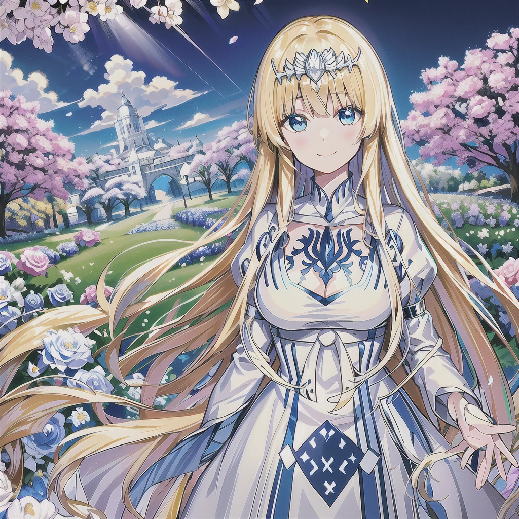 A masterpice、best quality、illutst、Extremely high quality、high picture quality、, in beautiful flowery garden、A slight smile、She has a large bouquet、、Hair fluttering in the wind, 1girl, solo, Calca, Calca Bessarez, blonde hair, (extremely long hair:1.5), very long hair, white tiara, silver tiara, white dress, blue eyes, medium chest,