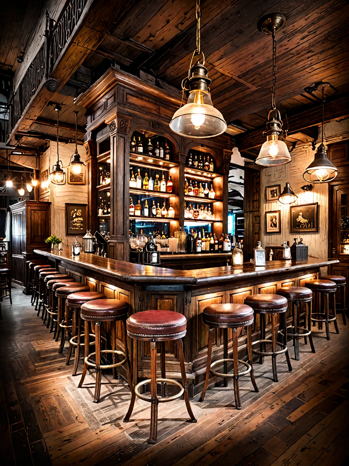 Vintage-style bar, rustic wooden furniture, antique pendant lights, dim lighting, cozy ambiance, aged wood, warm glow, vintage decor, intimate, nostalgic
