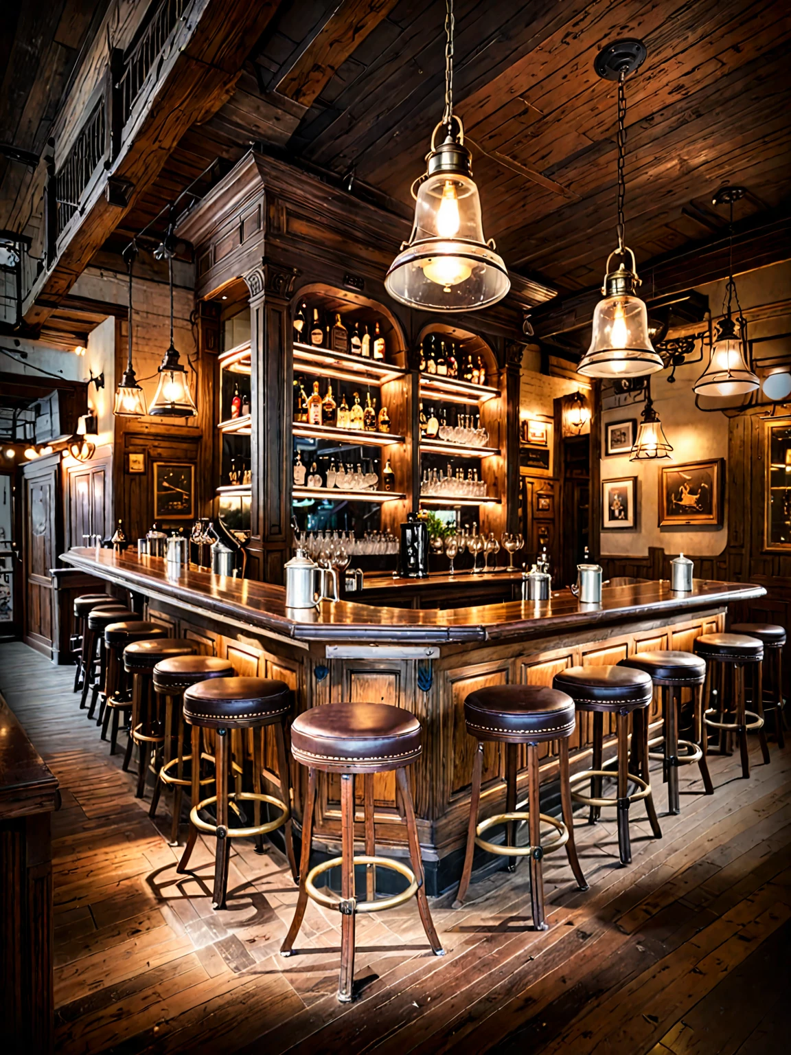 Vintage-style bar, rustic wooden furniture, antique pendant lights, dim lighting, cozy ambiance, aged wood, warm glow, vintage decor, intimate, nostalgic
