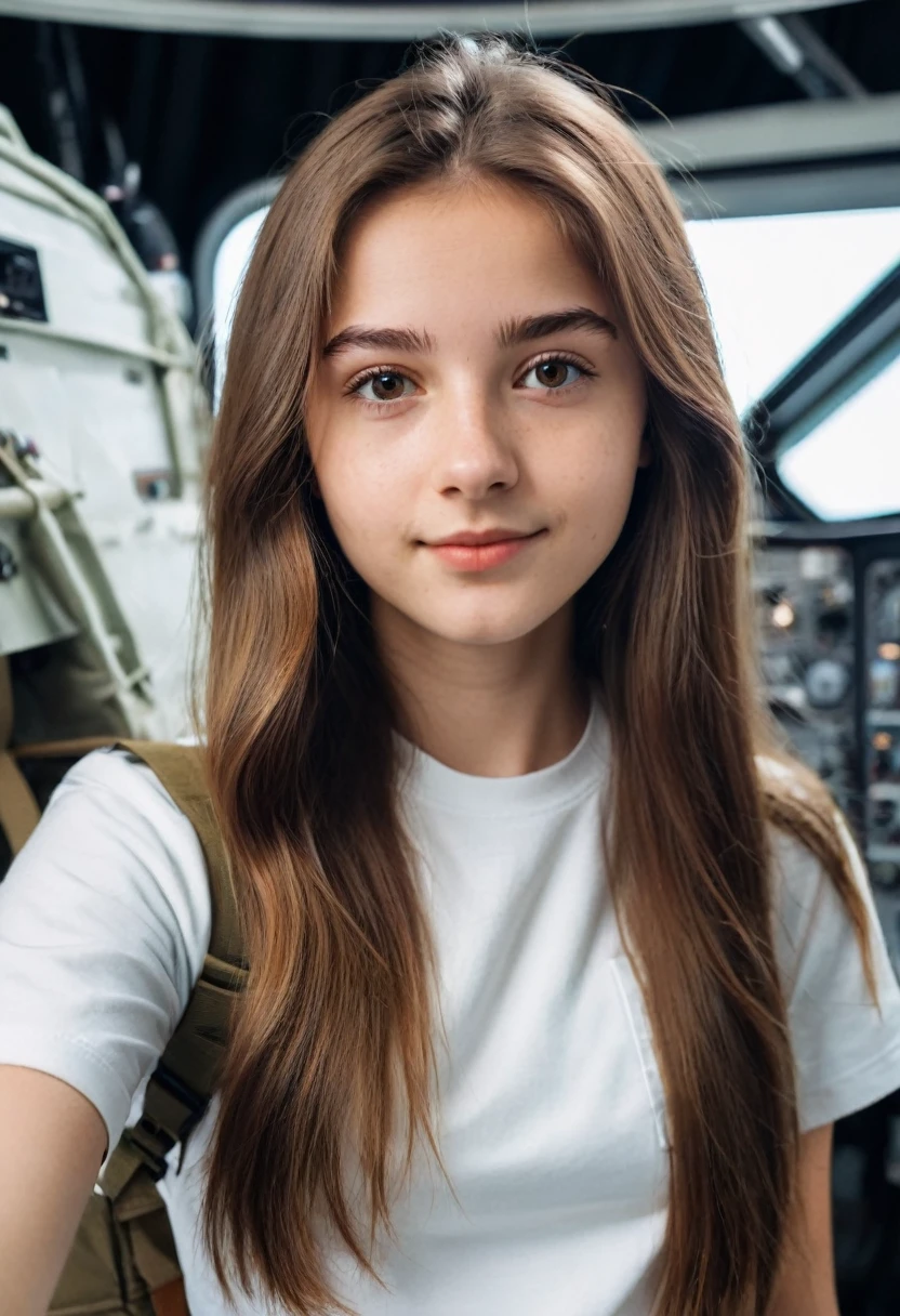 Une photo selfie d'une jeune fille de 18 ans mignonne. She has long brown hair.. She is in an aerospace company . She is dressed in a white t-shirt and brown cargo pants. cinematic, realistic