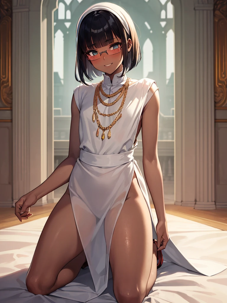(1 boy20 years old solo:1.4),(flat chest),(dark skin:1.7), (masterpiece:1.2), highest quality, High resolution, unity 8k wallpaper, (fine and beautiful eyes:1.6), highly detailed face, perfect lighting, Detailed CG, (perfect hands, perfect anatomy), detailed eyes, best quality, extremely detailed, very precise detailed,(glasses:1.4), (blunt bangs:1.3),(arabian clothes:1.5), (very short pixie cut:1.2), (evil smile),(blush),(kneeling:1.3),midrrif