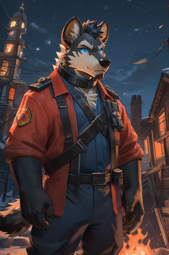 hyena, scruffy fringe, navy blue collar, blue eyes, good eyes, team fortress 2 style, dressed as pyro form team fortress 2