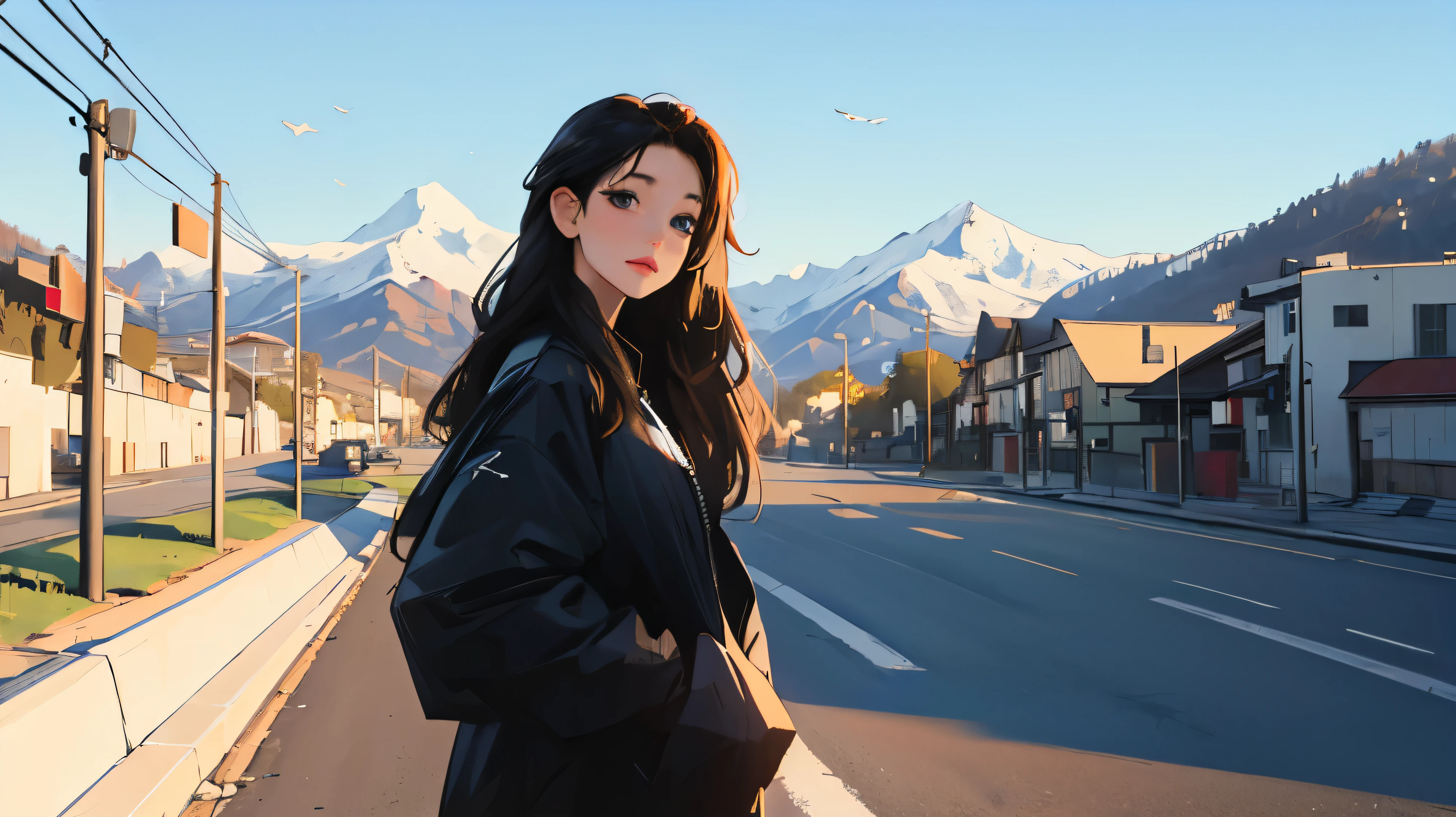 ((masterpiece)),(((best quality))),((Extremely detailed)) Realistically, 1 girl, beautiful, Black long hair, road side, White, Sky morning, Expecting audience, , City, road, Posing at a traffic light, Mountain. Blue sky.