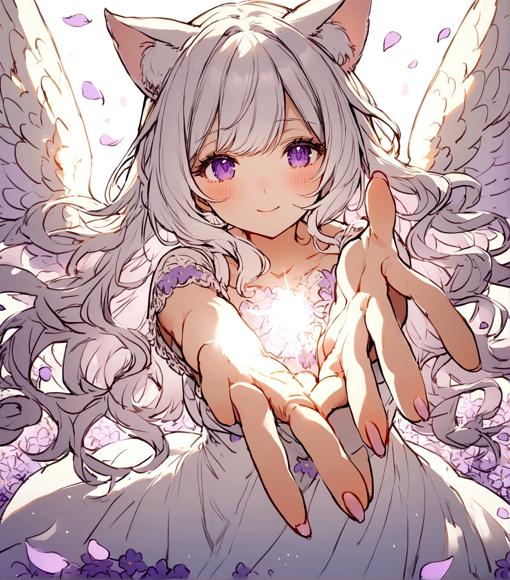 Wink,Long Wavy Hair,White hair is very attractive, Detailed and precise manual work, Attractive girl, White cat ears,Purple eyes and white eyelashes,light in your eyes,Big angel wings,Reaching out a hand,Nails are purple,Great light,A subject that stands out in a flower field, Petals flutter,A delicate white dress with purple floral print, Hand-drawn illustration,Broad background,