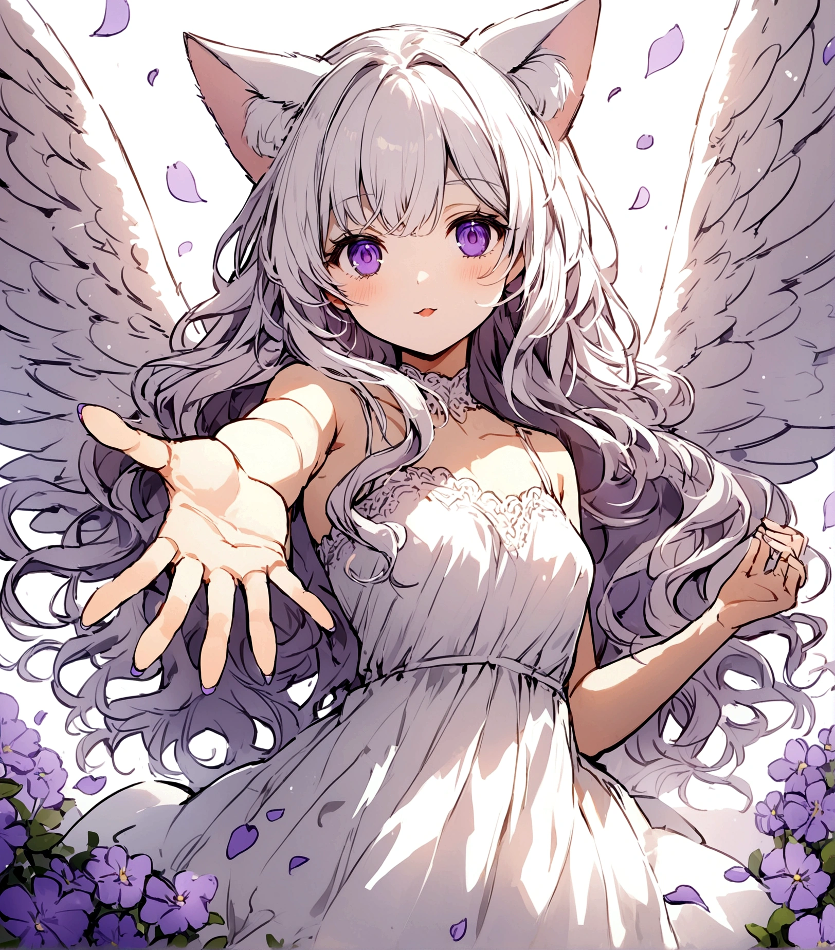 Wink,Long Wavy Hair,White hair is very attractive, Detailed and precise manual work, Attractive girl, White cat ears,Purple eyes and white eyelashes,light in your eyes,Big angel wings,Reaching out a hand,Nails are purple,Great light,A subject that stands out in a flower field, Petals flutter,A delicate white dress with purple floral print, Hand-drawn illustration,Broad background,